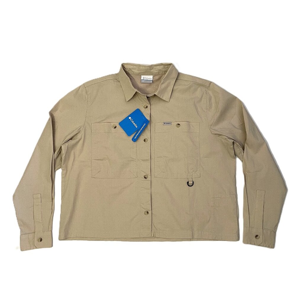 Columbia Shirt Top Large Vented Relaxed Utility Button Up Tan Khaki Beige Hiking